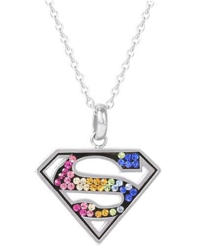 Dc Comics Superman Cutout Stainless Steel Rainbow Crystals Emblem Necklace - White