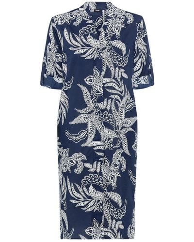 Olsen 100% Cotton 3/4 Sleeve Collarless Paisley Floral Tunic Shirt Dress - Blue