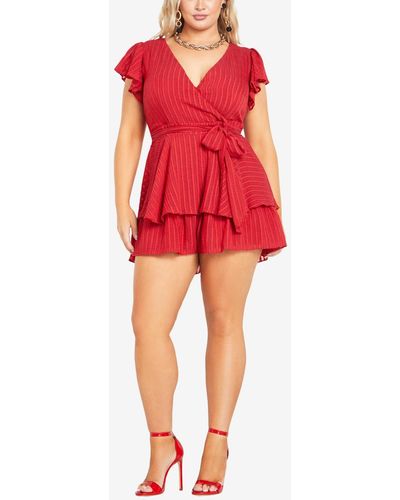 City Chic Trendy Plus Size First Date Short Ruffle Sleeve Romper - Red