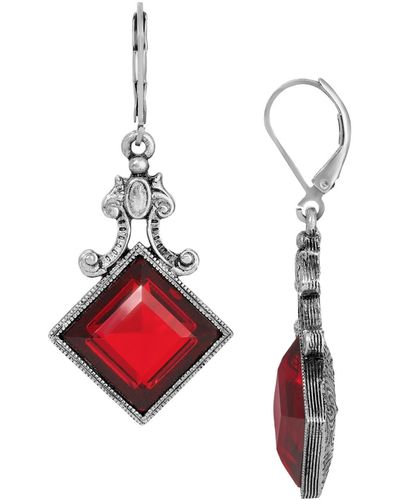 2028 Glass Square Silver-tone Drop Earrings - Red