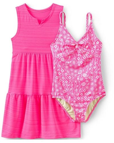 Lands' End Girls Chlorine Resistant Twist Front One Piece Swimsuit Upf Dress Coverup Set - Pink