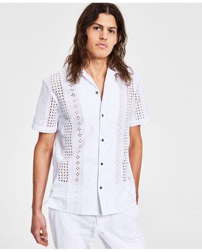 INC International Concepts Regular-fit Geo Embroidered Eyelet Camp Shirt, Created For Macy's - White