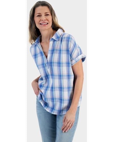 Style & Co. Printed Gauze Short-sleeve Popover Top - Blue