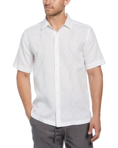 Cubavera Short Sleeve Geo Embroidered Linen Blend Button-front Shirt - White
