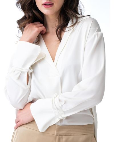 Adrienne Landau V-neck Roll-tab Satin Top - White