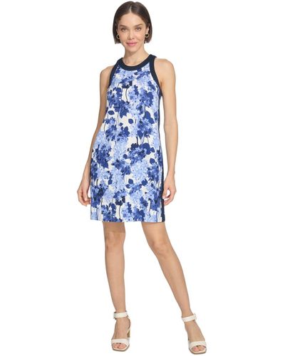 Tommy Hilfiger Floral-print Contrast-trim Shift Dress - Blue
