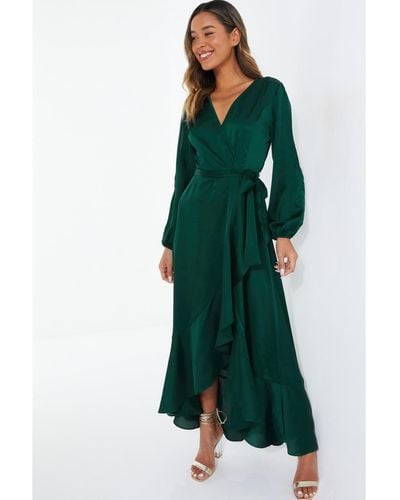 Quiz Satin Wrap Long Sleeve Frill Maxi Dress - Green