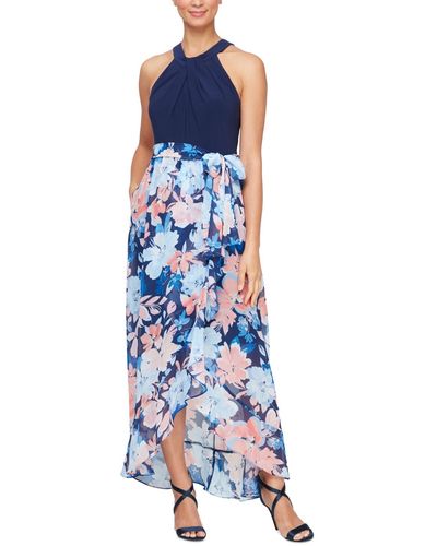 Sl Fashions Twist-neck Floral-skirt Maxi Dress - Blue