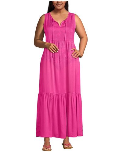 Lands' End Plus Size Sheer Sleeveless Tiered Maxi Swim Cover-up Dress - Pink