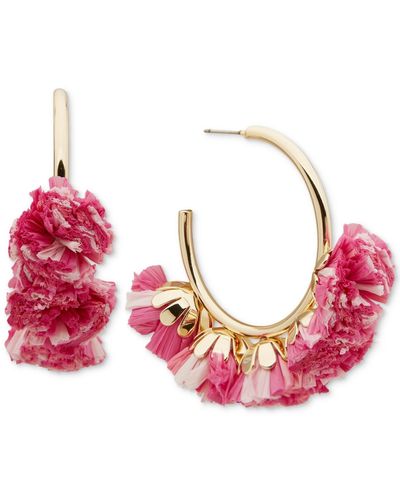 Lonna & Lilly Gold-tone Raffia Pom Pom Charm C-hoop Earrings - Pink