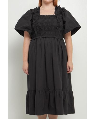 English Factory Plus Size Ruffled Smocked Midi Dress - Black
