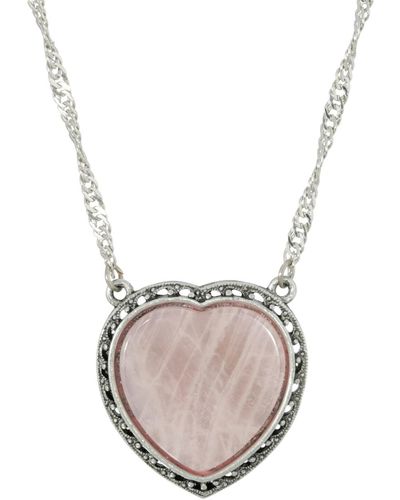 2028 Silver-tone Semi Precious Rose Quartz Heart Necklace - Pink