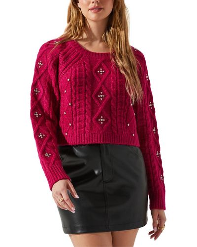 Astr Madison Embellished Cable-knit Sweater - Red