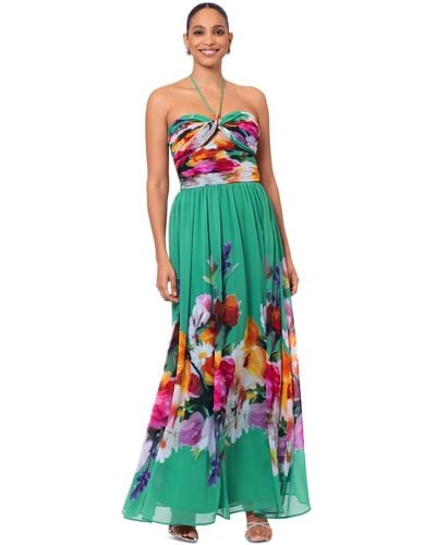 Betsy & Adam Floral-print Halter Gown - Green