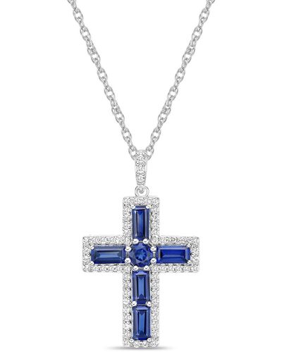 Macy's Sterling Silver Halo Birthstone Style Lab Grown Blue Sapphire And Lab Grown White Sapphire Fancy Cut Cross Pendant Necklace