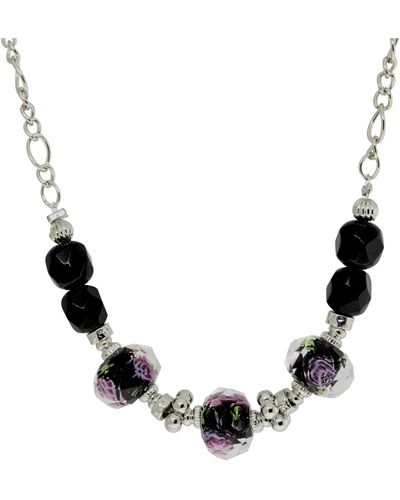 2028 Silver-tone Floral Beaded Necklace - Black