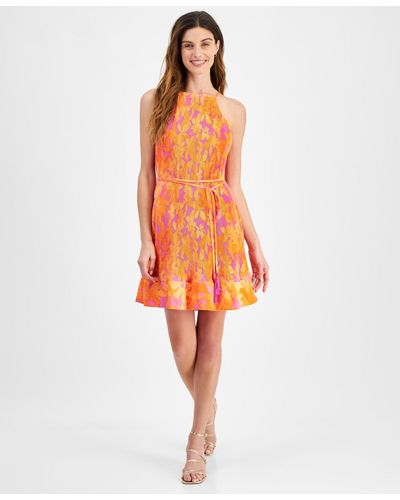 Taylor Petite Floral-print Pleated A-line Dress - Orange