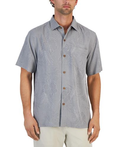 Tommy Bahama Lush Palms Jacquard Tonal Hibiscus Motif Silk Shirt - Gray