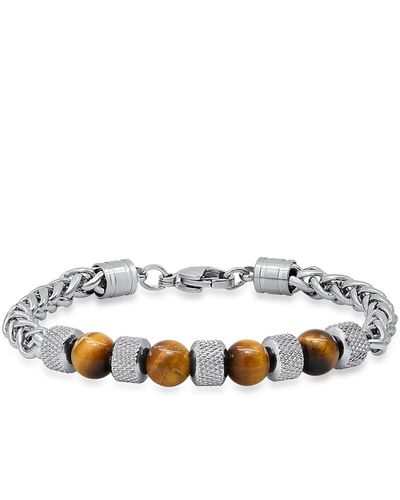 Steeltime Stainless Steel Wheat Chain And Tiger Eye Beads Bracelet - White