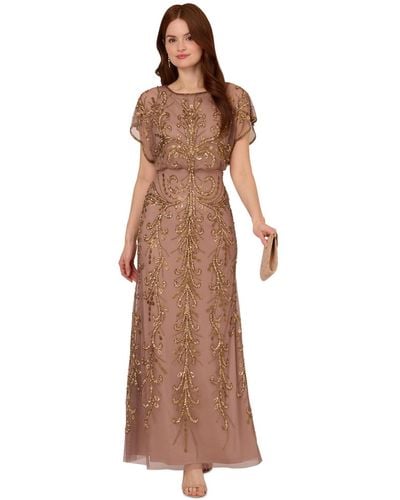 Adrianna Papell Beaded Blouson-sleeve Gown - Brown