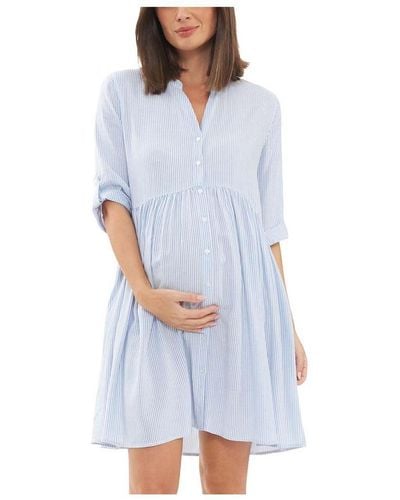 Ripe Maternity Sam Stripe Button Through Dress Sky Blue/white