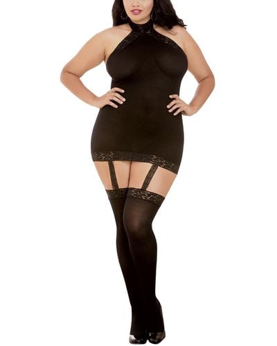 Dreamgirl Plus Size Sheer Halter Garter Dress - Black