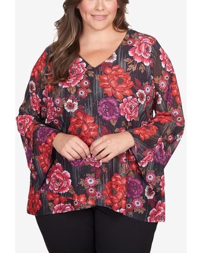 Ruby Rd. Plus Size Glittering Rose Kimono Top - Red