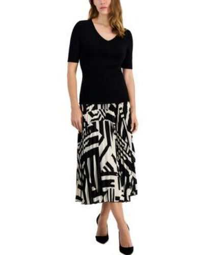 Anne Klein Half Sleeve V Neck Top Pull On Printed Midi Pleated Skirt - Black