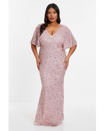 Quiz Plus Size Embellished Angel Sleeve Maxi Dress - Pink