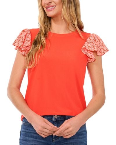 Cece Mixed-media Flutter-sleeve Knit Top - Red