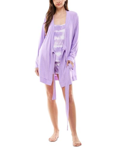 Roudelain Wrap Cardigan & Printed Pajamas Set - Purple