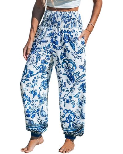 CUPSHE Blue & Floral Smocked Waist Tapered Leg Pants