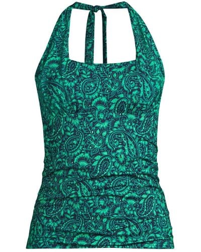 Lands' End Chlorine Resistant Square Neck Halter Tankini Swimsuit Top - Green