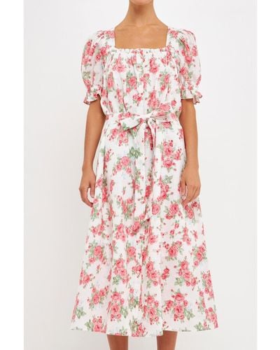 Endless Rose Floral Print Linen Midi Dress - White