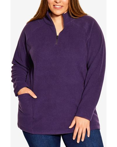 Avenue Plus Size Polar Fleece Pocket Tunic Top - Purple