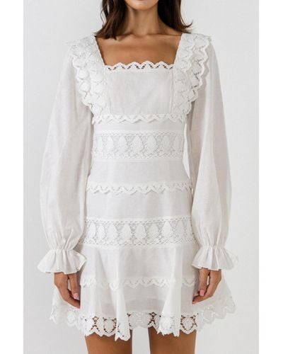 Endless Rose Square Neckline Lace Trim Dress - White