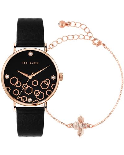 Ted Baker Phylipa Beehive Leather Strap Watch 37mm And Bracelet Gift Set - Black