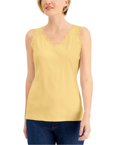Karen Scott Cotton Scalloped-lace Tank Top, Created For Macy's - Yellow