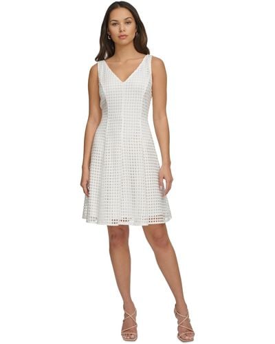 DKNY Grid Cutout Sleeveless A-line Dress - White