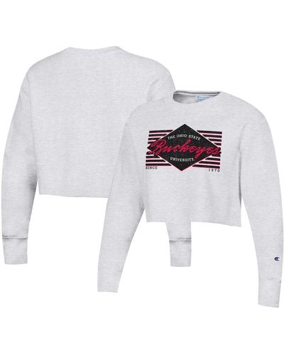 Champion Distressed Ohio State Buckeyes Reverse Weave Cropped Pullover Sweatshirt - White