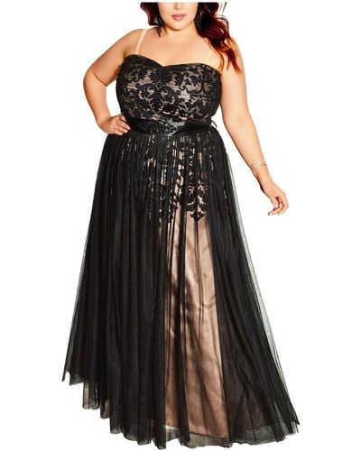 City Chic Plus Size Embroidered Tulle Maxi Dress - Black