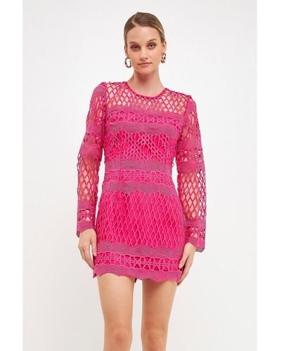 Endless Rose Long Sleeve Crochet Mini Dress - Pink