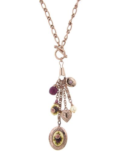 2028 Rose Gold-tone Purple Crystal Heart And Locket Charm toggle Necklace 20" - Metallic