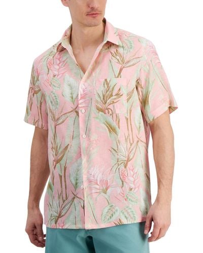 Club Room Hero Short Sleeve Button Front Palm Print Linen Shirt - Pink