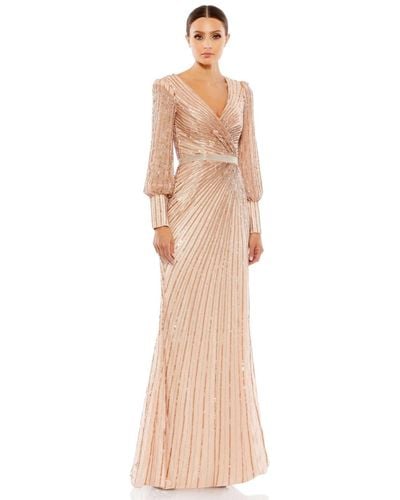 Mac Duggal Sequined Wrap Over Bishop Sleeve Gown - Natural