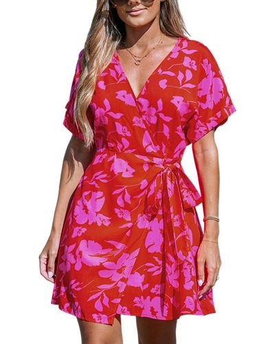 CUPSHE Pink Floral Side Tie Wrap Mini Beach Dress - Red