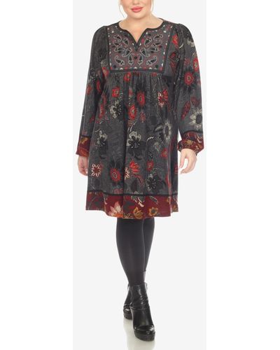 White Mark Plus Size Paisley Flower Embroidered Sweater Dress - Gray