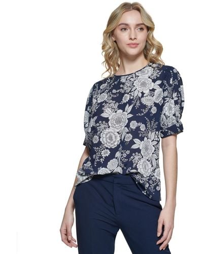 Tommy Hilfiger Floral Cuffed Puff-sleeve Blouse - Blue