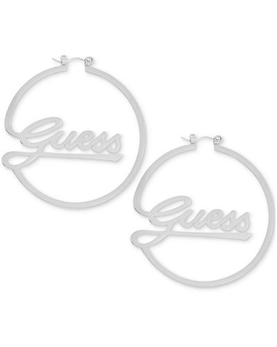 Guess Medium Logo Script Hoop Earrings - Metallic