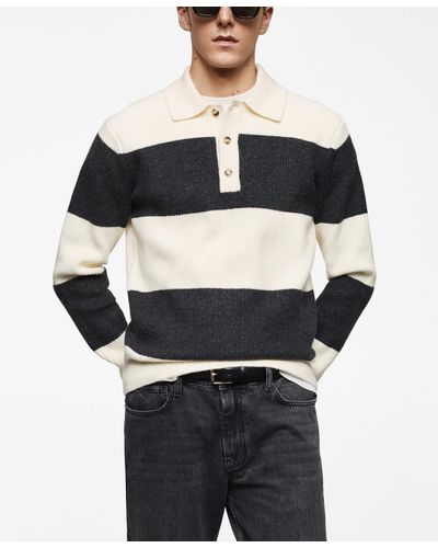 Mango Ribbed Striped Knitted Polo Shirt - Black
